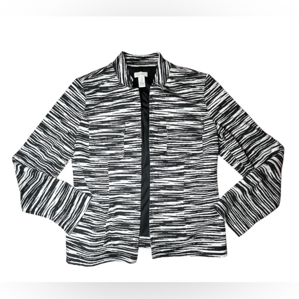 Chicos Black White Abstract Zebra Stripe Open Front Print Blazer Jacket Sz Sm/4